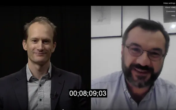 screenshot of an interview with benjamin hoffman and a guest